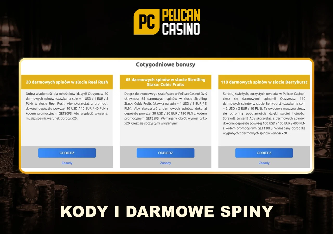 Kody promocyjne i darmowe spiny Pelican Casino